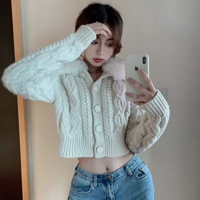 Detachable fur collar cardigan sweater women