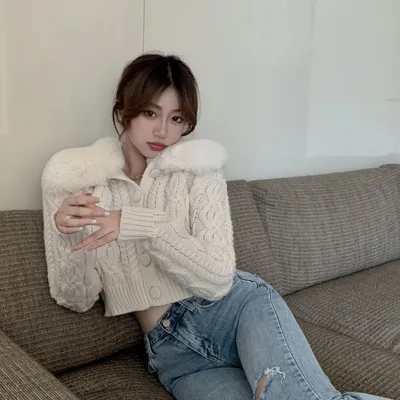 Detachable fur collar cardigan sweater women