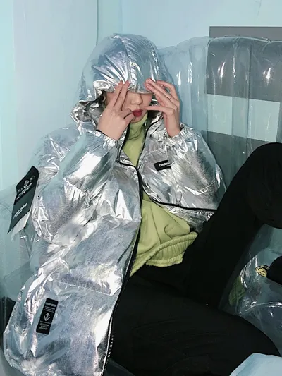 Hooded cotton coat shiny silver cotton coat