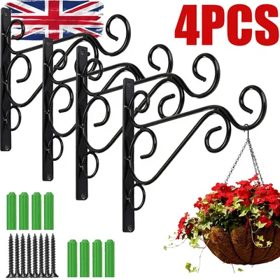 4PC Heavy Duty Metal Hanging Basket Brackets Garden Plant Hanger Hook Wall Decor UK NEW