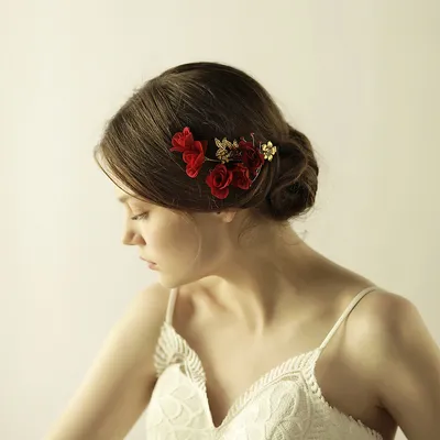 Chinese Style Red Bridal Head Flower Hair Ornament, Flannel Rose Flower