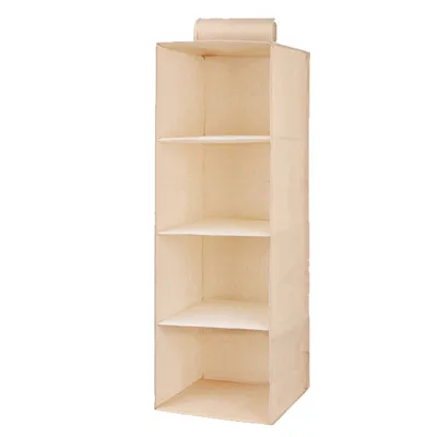 The linen cabinet contains hanging bags