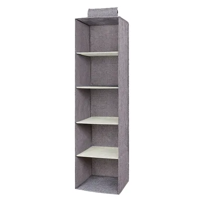 The linen cabinet contains hanging bags