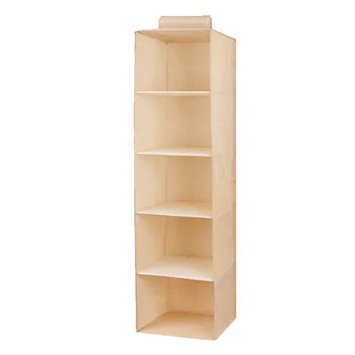 The linen cabinet contains hanging bags