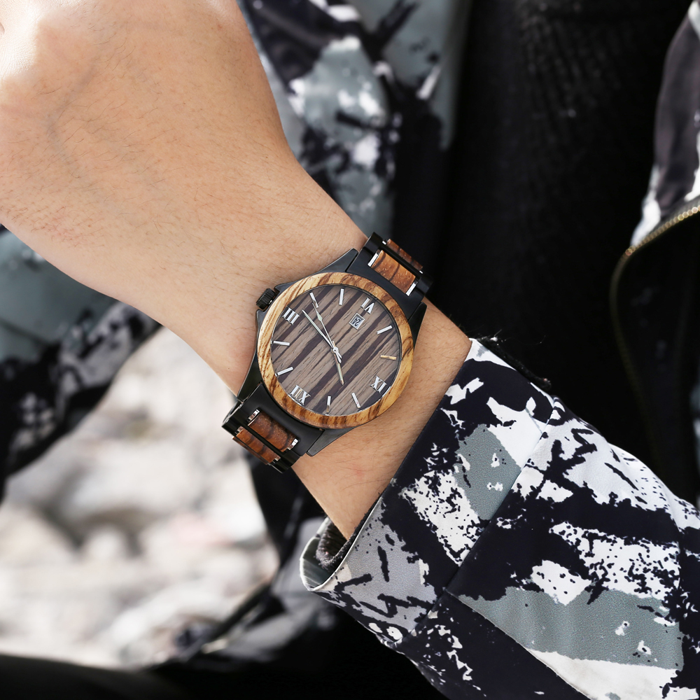 Men Quartz Sandalwood Watch Black