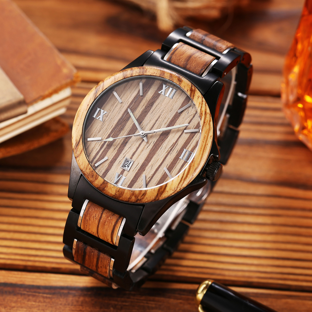 Men Quartz Sandalwood Watch Black