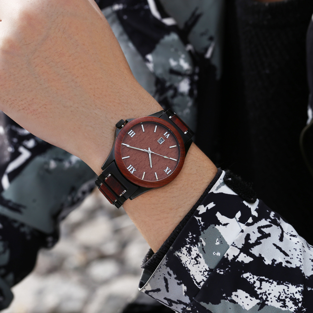 Men Quartz Sandalwood Watch Black