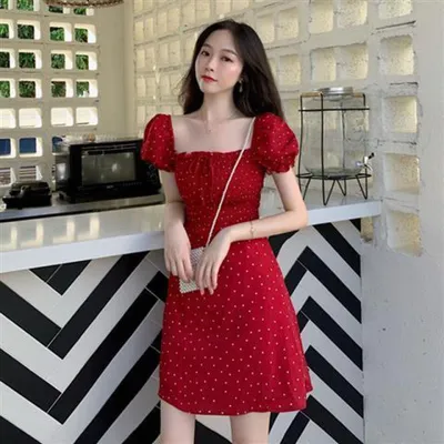 French Retro Square Collar Polka Dot Dress