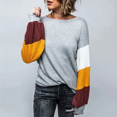 Lantern Long Sleeve Contrast Color Round Neck Casual Ladies Sweater