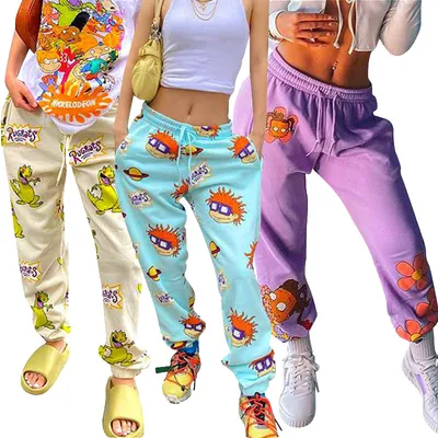 Casual Fashion Pattern Printed Loose-Fit Sports Trousers With Waist Rope