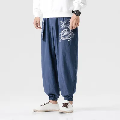 Oversized Loose Fit Dragon Fight Embroidered Casual Trousers