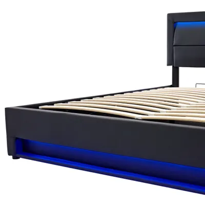 Upholstered Bed 150 X 200 Cm, King Size Bed-5ft,with USB Port Supports Wireless And Wired Charging, With LED Lighting And Storage Space, Without Mattress, PU Lychee Pattern, Black