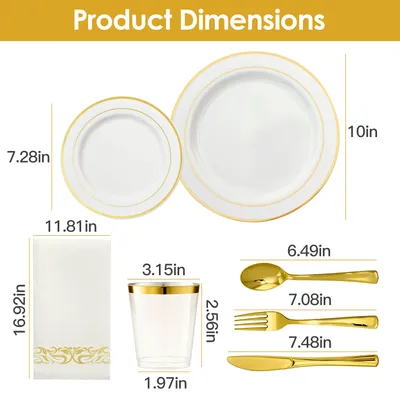 Set Of 175Pcs Disposable Gold Dinnerware Set Gold Rim Plastic Plates Cups Fork Spoon Knife Paper Napkins For Party Wedding Graduation