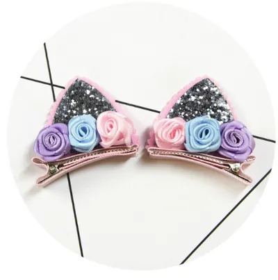 2pcs Set Cute Clips For Girls Glitter Rainbow Felt Fabric Flowers Hairpins Cat Ears Bunny Barrettes Kids Hair Accessories
