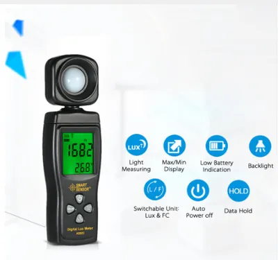 مقياس الإضاءة الرقمي المصغر الذكي AS803 بشاشة LCD، مقياس الإشعاع فوق البنفسجي، مقياس الضوء، مقياس الإضاءة، نطاق القياس من 0 إلى 200000 لوكس