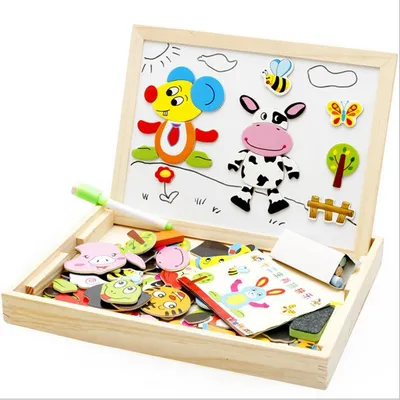 Wooden Magnetic Puzzle Toys Children 3D Puzzle Box Figure Animals Circus Writing Drawing Board Learning Education Toys For Kids