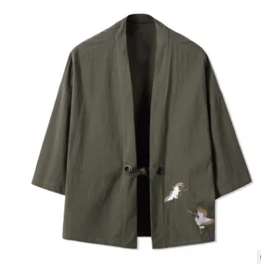 Chinese Cardigan Men's Jacket Embroidered Thin Quarter Sleeve Hanfu Windbreaker