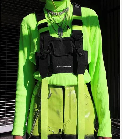 Men and women hip hop tactical vest multifunction function chest bag tide brand fluorescent green vest backpack