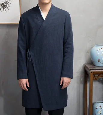 Spring national costume Chinese style ancient cotton and linen slanting Hanfu men's japan meditation jacket long traditional trench coat
