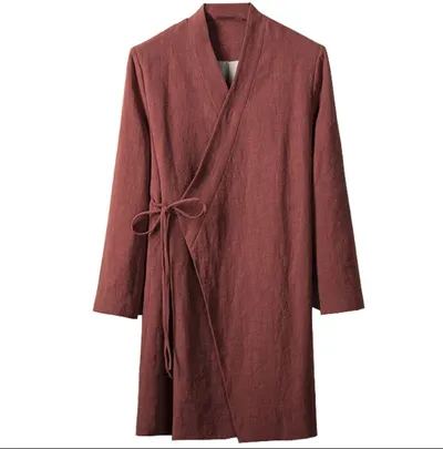 Spring national costume Chinese style ancient cotton and linen slanting Hanfu men's japan meditation jacket long traditional trench coat