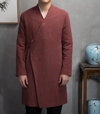 Spring national costume Chinese style ancient cotton and linen slanting Hanfu men's japan meditation jacket long traditional trench coat