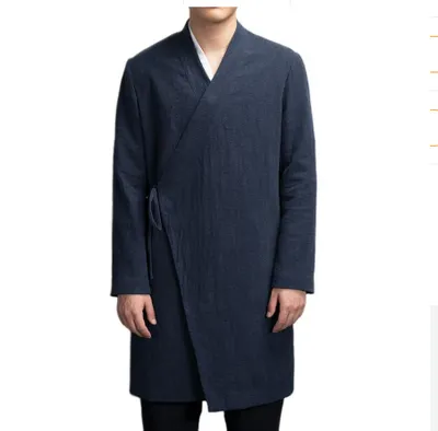 Spring national costume Chinese style ancient cotton and linen slanting Hanfu men's japan meditation jacket long traditional trench coat