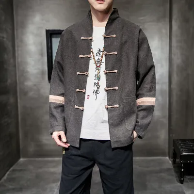 Contrast color buckle cotton and linen jacket