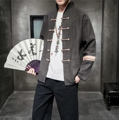 Contrast color buckle cotton and linen jacket