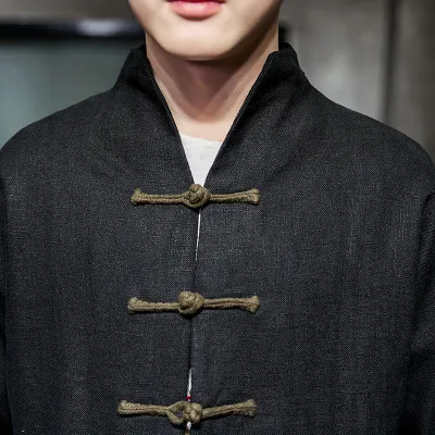 Contrast color buckle cotton and linen jacket