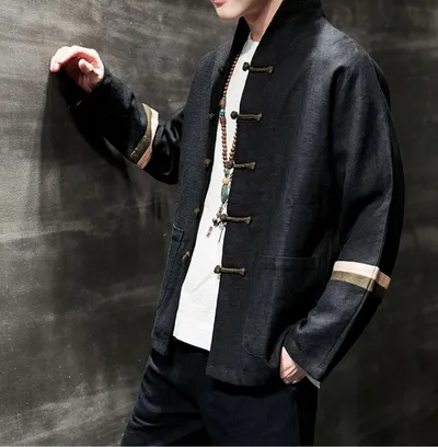 Contrast color buckle cotton and linen jacket