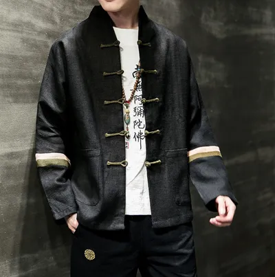 Contrast color buckle cotton and linen jacket