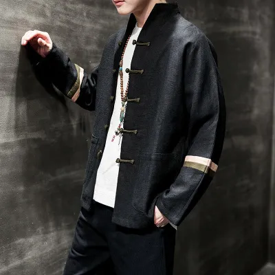 Contrast color buckle cotton and linen jacket
