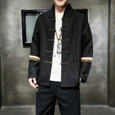 Contrast color buckle cotton and linen jacket