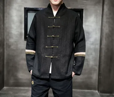 Contrast color buckle cotton and linen jacket