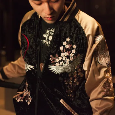 Sakura crane embroidery couple models velvet jacket