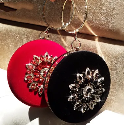 LOLIBOX Women Bags Women Evening Clutch Bags Velvet Diamond Ring Handbags Small Round Clutch Bag Day