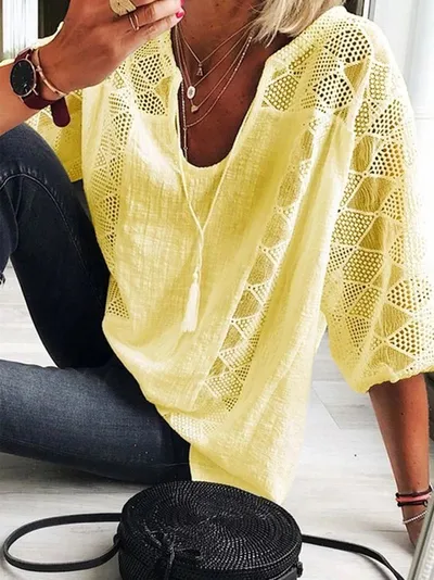 Lace Stitching U-neck 3 4 Sleeve T-shirt