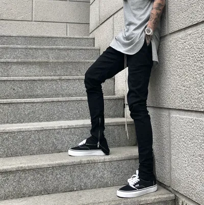 Slim drawstring zipper casual pants men
