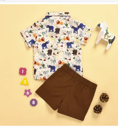 Fashion Toddler Infant Baby Kids Boys Short Sleeve Cartoon Printed Bow Tie Shirt Tops Solid Shorts Gentlement Outfits Set # p4