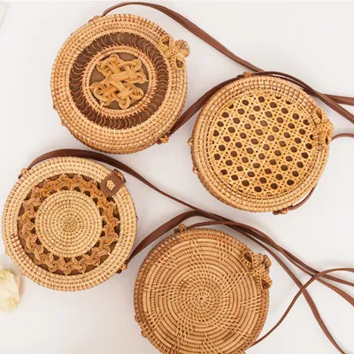 Natural PU small round straw bag