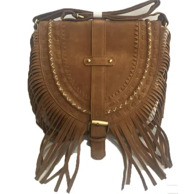 Suede fringe diagonal across package