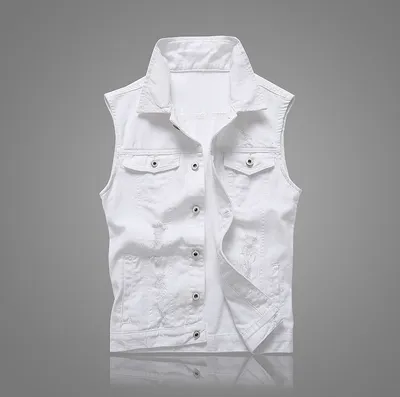 Casual Holes Pocket White Denim Vests