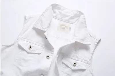 Casual Holes Pocket White Denim Vests