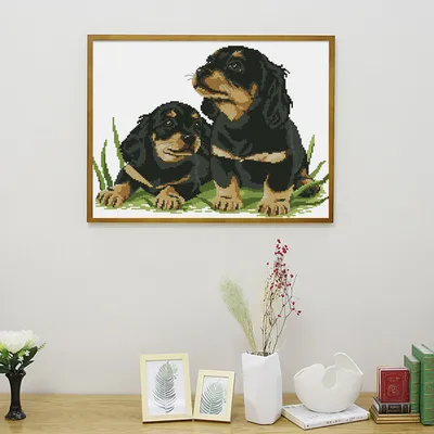 Two puppies hand cloth cross stitch