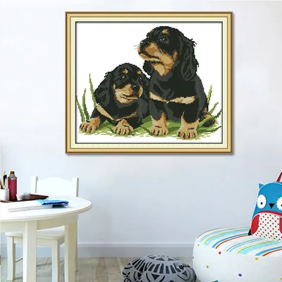 Two puppies hand cloth cross stitch