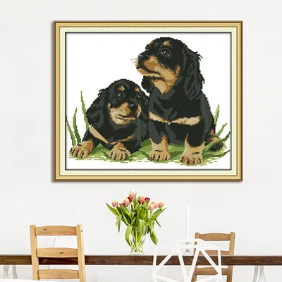 Two puppies hand cloth cross stitch