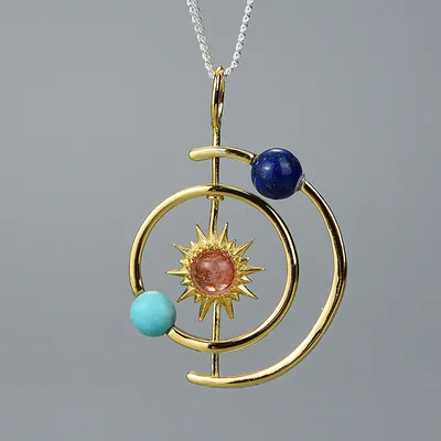 Solar system natural stone sterling silver pendant