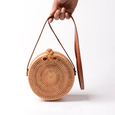 Natural PU small round straw bag