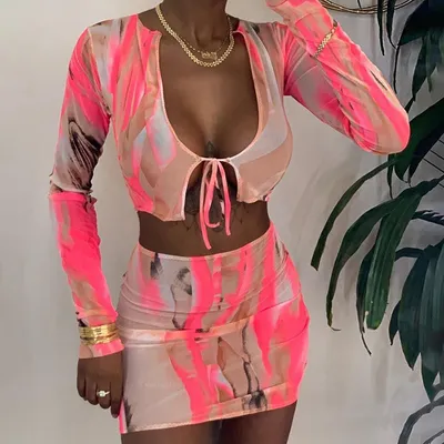 Printed T-shirt high waist bag hip skirt casual suit women