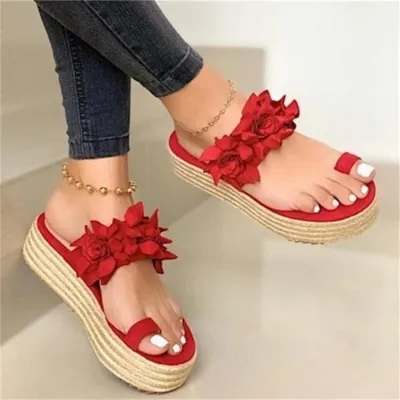 Korean style red women's sandals with straw trifle sole